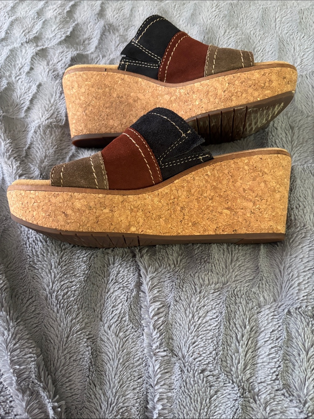 Clarks Multi-Panel Cork Wedge Slide — Black, Brown, Tan genuine suede like new